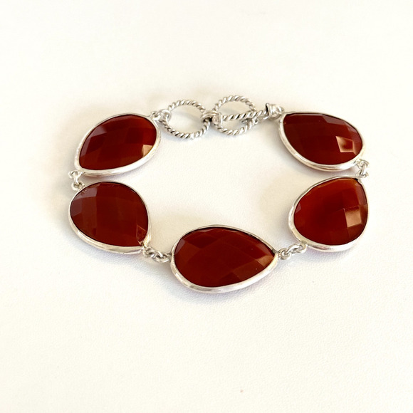925 Sterling Silver Genuine Carnelian Faceted Teardrop Chain Link Bracelet 7" - Picture 8 of 10